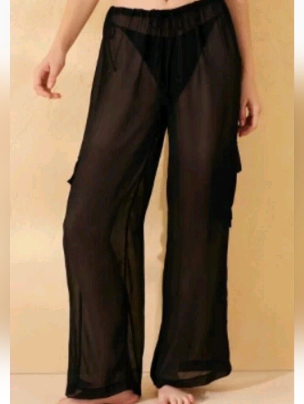🆕️🏊‍♀️Black Sheer Flowy Wide Leg Beach Cover-Up Cargo Pants, Sz 3X